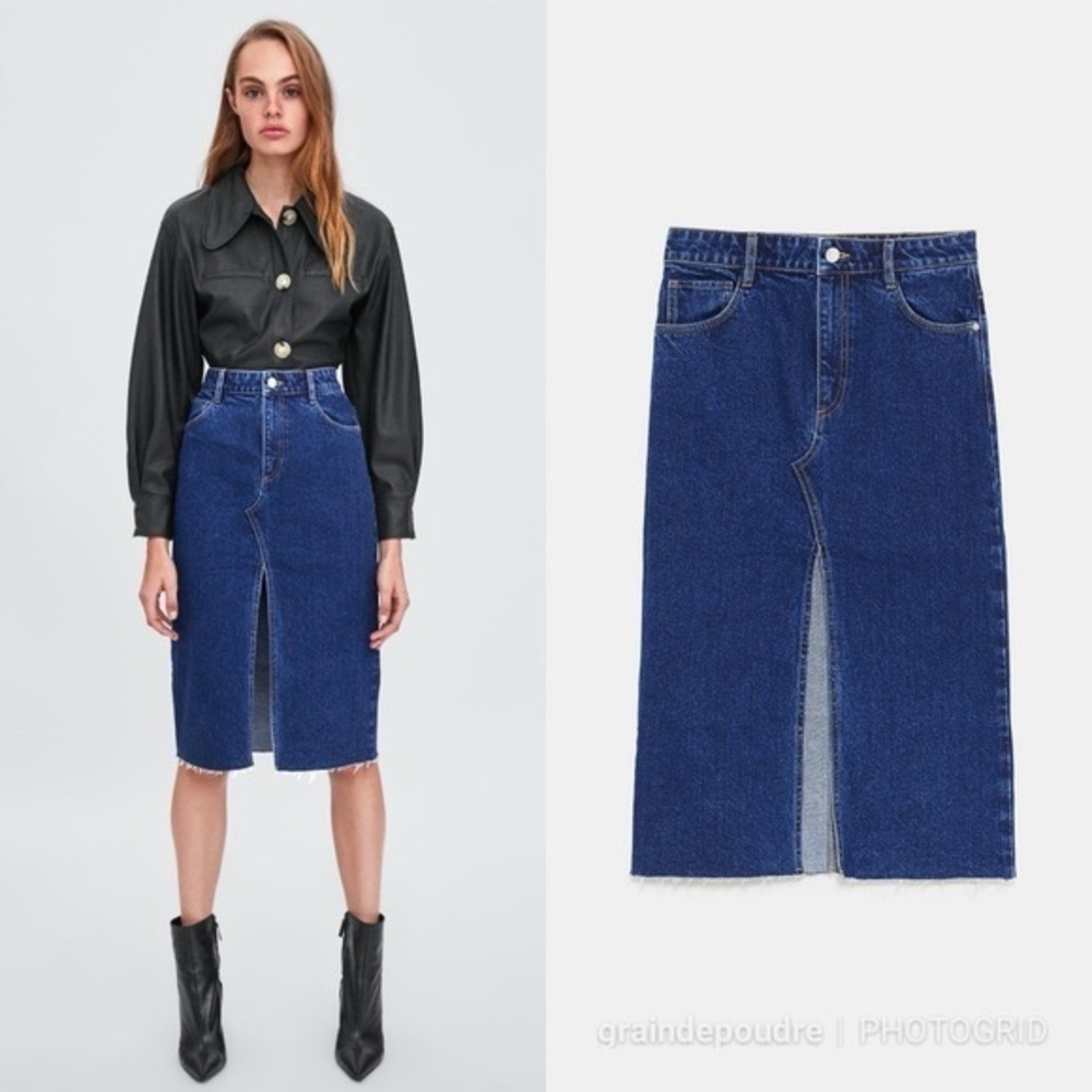 Zara TRF Slit Denim Jean Skirt Raw Hem Sz S